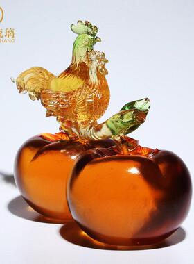 琉璃事事如意柿子摆件家居客厅装饰品工艺礼品摆饰生肖水晶鸡玻璃