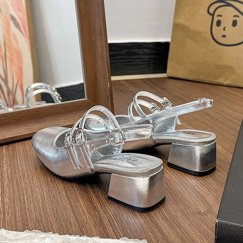 包头凉鞋女2024夏季新款浅口单鞋粗跟方头半拖外穿法式银色高跟鞋,淘宝优惠券,粉丝福利购,淘宝优惠卷