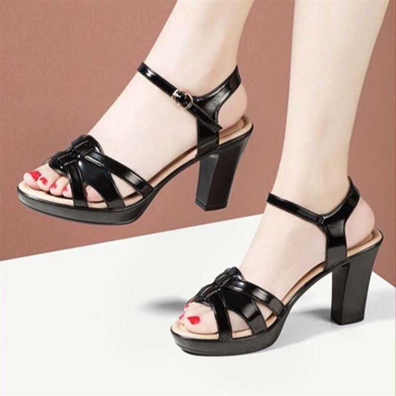 中跟鱼嘴凉鞋女2024年夏季新款高跟粗跟一字扣露趾防水台大码凉鞋,淘宝优惠券,粉丝福利购,淘宝优惠卷