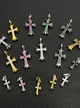 925纯银克罗伈做旧十字架吊坠欧美嘻哈朋克风22K金色彩钻潮牌挂件