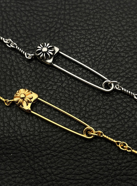 s925纯银克罗伈复古做旧22K金色别针项链男女锁骨链十字花毛衣链