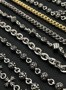 s925纯银克罗伈复古字母手链男欧美嘻哈个性小众霸气十字花经典款