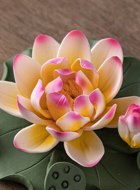 手工陶瓷莲花荷花瓷花朵禅意香插家居茶桌装饰工艺品佛前供花摆件