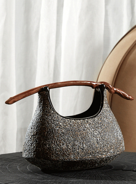 个性创意陶瓷提篮花瓶果盘花器客厅餐桌茶几炭烧木烛台摆件侘寂风