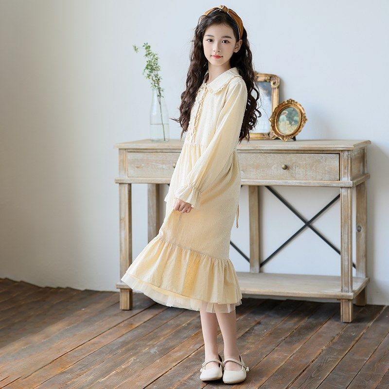 中大女童长袖连衣裙2024新款花边洋气小女孩公主裙春秋中长款裙子,淘宝优惠券,粉丝福利购,淘宝优惠卷