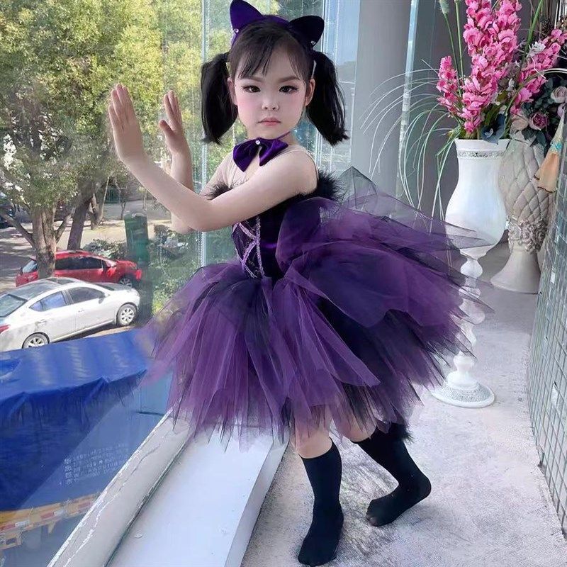 女童小猫咪装扮演出服装儿童爱跳舞的小怪兽学猫叫表演服蓬蓬纱裙 - 图0