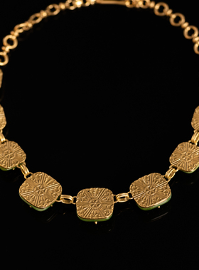 复古铜合金绿天然石镶钻项链套装