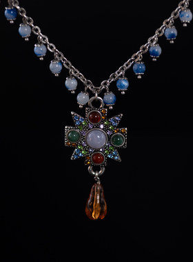 中古复古做旧金琉璃坠彩珠项链