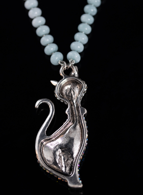 中古蓝色串珠满钻小猫咪项链