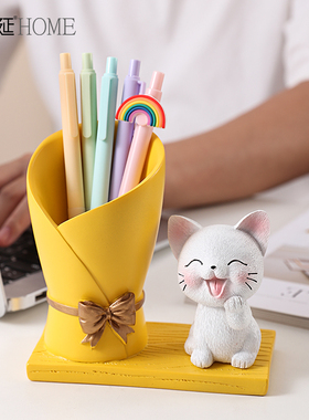 可爱猫咪笔筒收纳摆件创意办公室桌面工位装饰品儿童书房卧室摆设