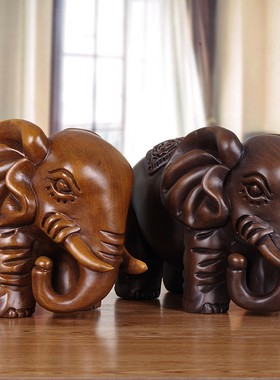 大象摆件实木雕刻招财象一对工艺品家居新中式客厅玄关办公室礼品