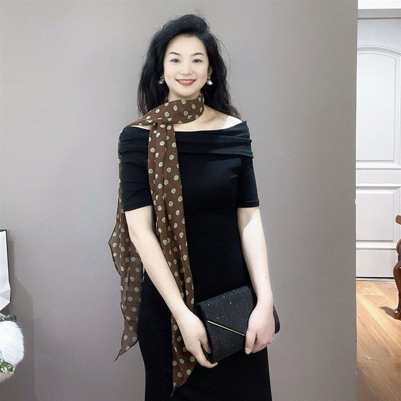 时髦款!咖色波点雪纺丝巾女2025新款长条薄款护颈装饰法式小围巾,淘宝优惠券,粉丝福利购,淘宝优惠卷