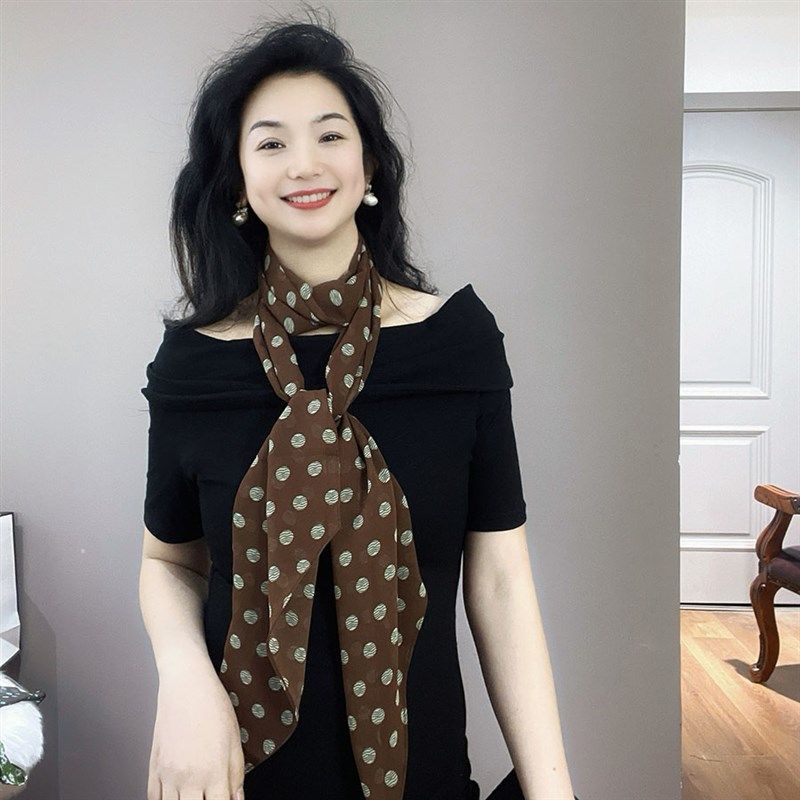 时髦款!咖色波点雪纺丝巾女2025新款长条薄款护颈装饰法式小围巾,淘宝优惠券,粉丝福利购,淘宝优惠卷
