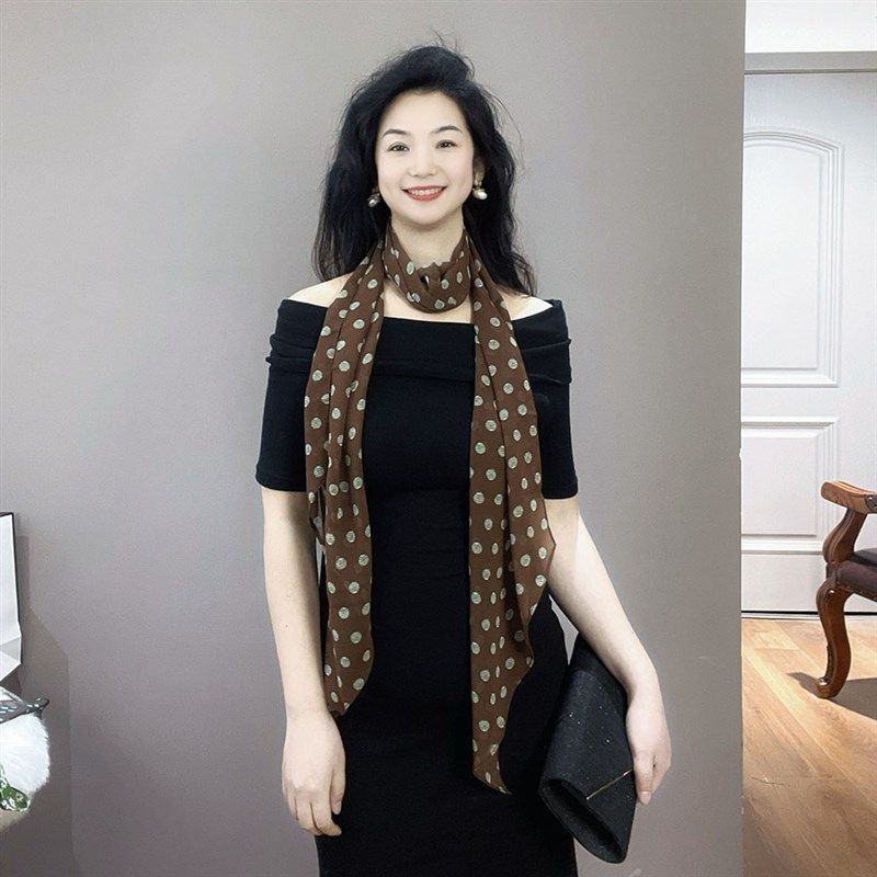 时髦款!咖色波点雪纺丝巾女2025新款长条薄款护颈装饰法式小围巾,淘宝优惠券,粉丝福利购,淘宝优惠卷