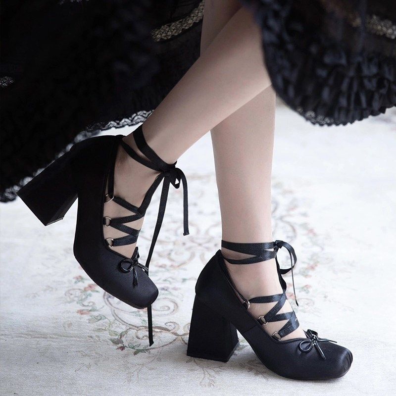 法式交叉绑带高跟鞋粗跟粉色少女芭蕾风鞋2025新款lolita方头单鞋,淘宝优惠券,粉丝福利购,淘宝优惠卷