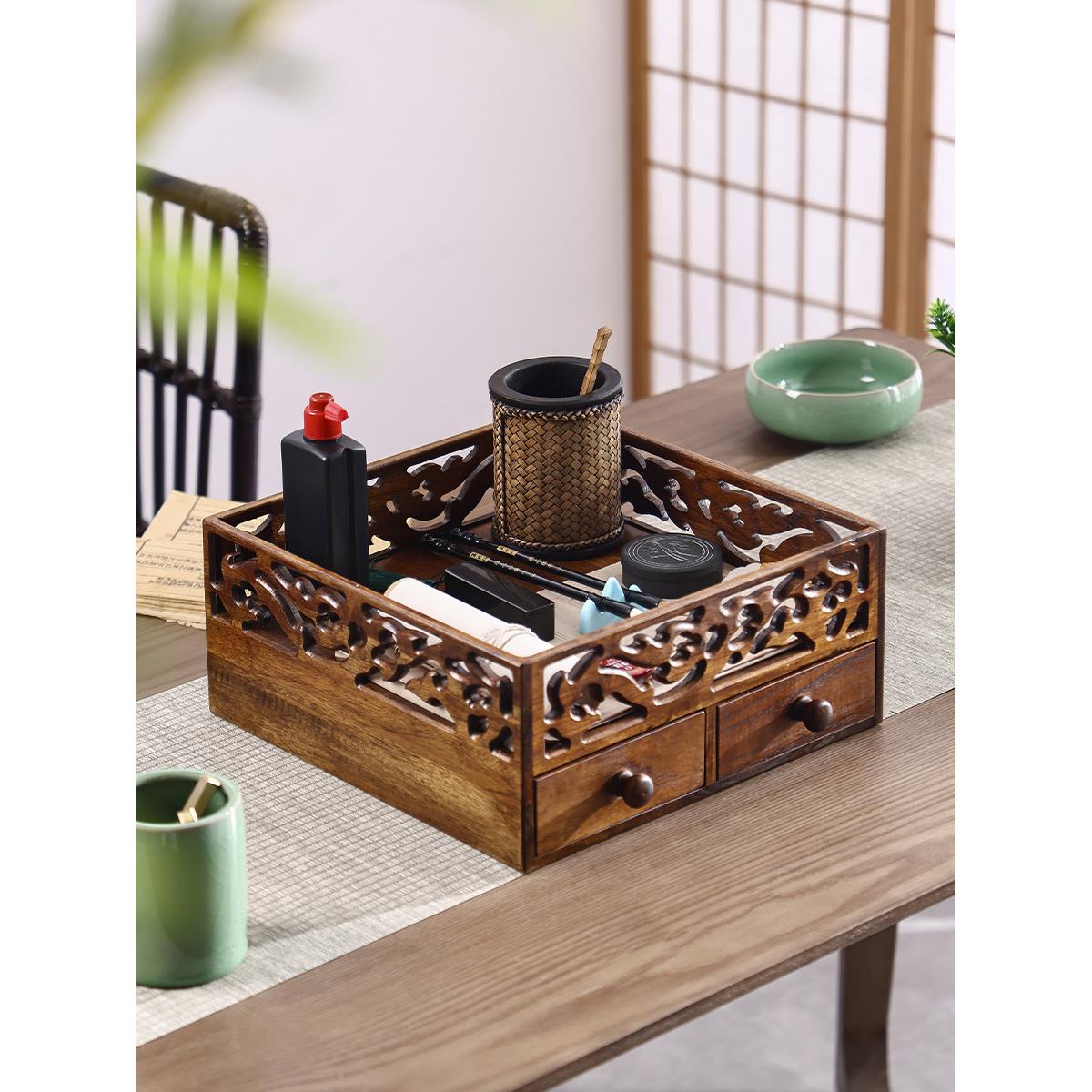 异丽实木茶杯收纳盒置物架桌上中式茶具收纳架茶台茶盘都承盘茶盒 - 图0