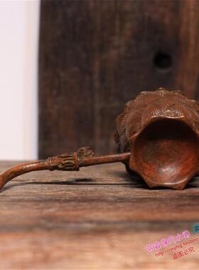 纯铜手工仿古实心紫铜茶宠小物件 手持莲花熏香炉手把件 茶道摆件