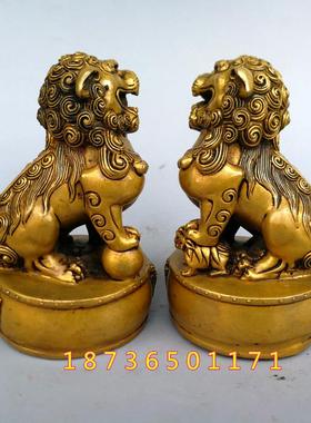 纯铜狮子小摆件黄铜对鼓狮子把件兽头鼓古玩铜器家居装饰品摆件