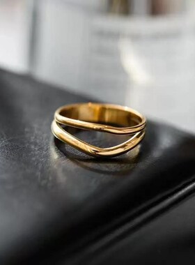 【可戴洗澡】双层简约金色线条戒指女食指叠戴指环设计高级小众潮