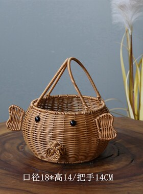 田园花篮摆件 h动物花器 塑料藤编手提花篮 礼品篮收纳篮插花篮子