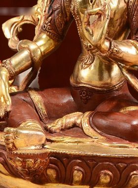 尼泊尔手工10寸红铜半鎏金绿度母居家桌面铜像高32厘米