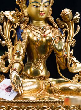 尼泊尔白度母铜像 12寸铜镀金西藏嵌宝石现代雕花室内铜像摆件