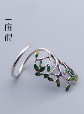 S925纯银树叶镶嵌开口戒指民族风