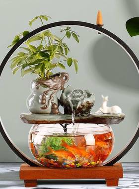 创意金鱼缸客厅桌面循环流水摆件小型家用迷你悬壶招财玻璃鱼缸