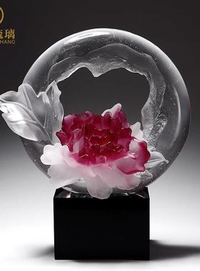 琉璃艺术品牡丹花摆件客厅办公室装饰轻奢创意高级工艺品乔迁礼物