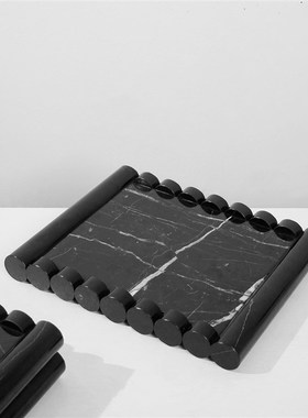 现代轻奢黄e色洞石托盘样板间售楼处客厅餐厅桌面大理石收纳摆盘