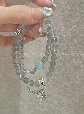 【向海风许愿  在山o海相见】原创天然灰月光石海蓝宝水晶手链礼