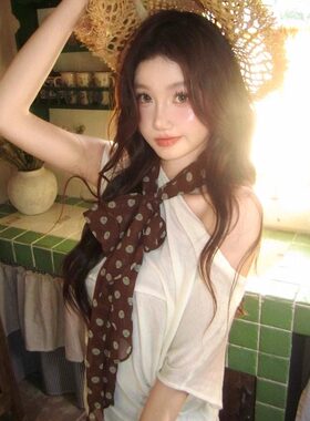 法式复古棕色波点丝巾女系