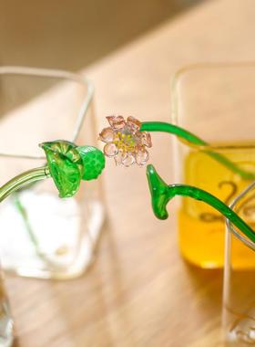 日式餐具纯色花朵学生卡通个性纯手工 高硼硅玻璃荷花造型搅拌棒