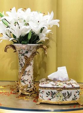 促销陶瓷配铜纸巾盒 装饰花插 瓷配铜镶铜相框果碗手绘描金台灯