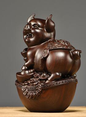 黑檀木雕猪摆件实木质十二生肖猪客厅家居电视柜动物装饰工艺品