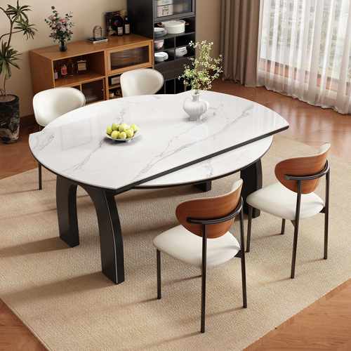 复古中古风实木岩板餐桌椅组合客厅高端家用小户型可变圆吃饭桌子 - 图0