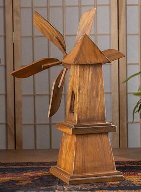 泰国实木风车桌面摆件创意木雕工艺礼品摆饰家居客厅电视酒柜装饰