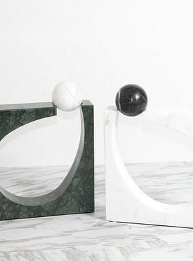 设计师简约现代白绿色大理石正方圆形摆件样板房客厅书房软装饰品