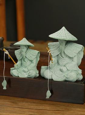 姜太公钓鱼摆件鱼缸造景假山流水微景观布置装饰品盆景青砂石人物