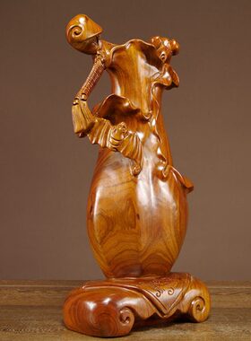 木雕工艺品花瓶摆件梨如意家居装饰平安乔迁新居礼品花客厅电视柜