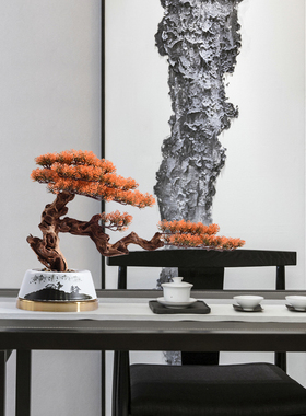 新中式售楼处酒店大堂楼梯口w装置艺术装饰玄关红叶迎客松盆景摆