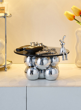 轻奢奶油风球球玻璃托盘创意门z口玄关小摆件客厅酒柜装饰品送女