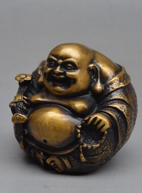 实心工艺品客厅笑弥勒肚佛招财摆件办公桌大摆设黄铜纯铜车载装饰