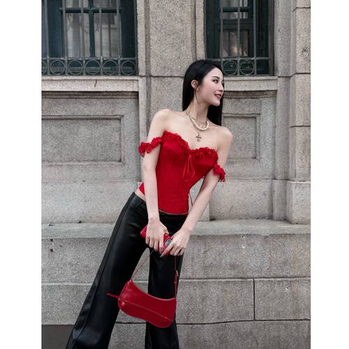 BETTER ME 蕾丝花边一字肩挂肩俩穿鱼骨抹胸修身背心显瘦露肩上衣 - 图2