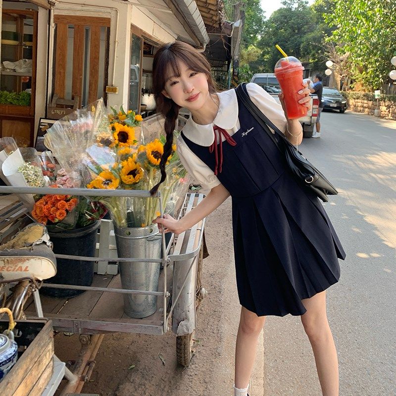 东京岁时记jk卡奶裙学院风女夏甜美可爱绀色吊带裙衬衫连衣裙套装,淘宝优惠券,粉丝福利购,淘宝优惠卷