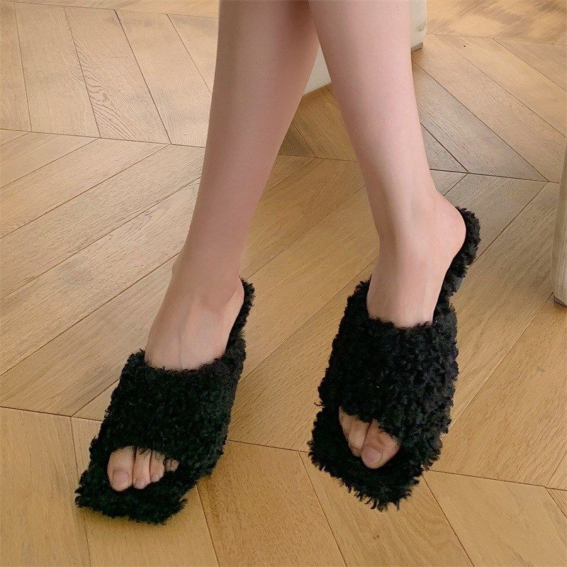 法式中跟高跟方头毛拖鞋女外穿秋冬款露趾一字拖鞋,淘宝优惠券,粉丝福利购,淘宝优惠卷