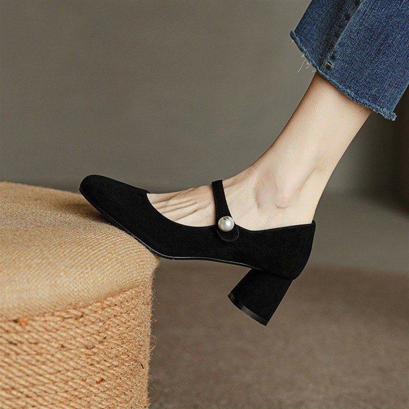 粗跟方头高跟鞋女黑色中跟5cm一字扣珍珠玛丽珍鞋浅口绒面单鞋潮,淘宝优惠券,粉丝福利购,淘宝优惠卷