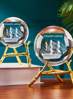 黄色水晶球饰品水晶雕刻一帆风顺客厅陈设商店橱窗柜台装饰用品