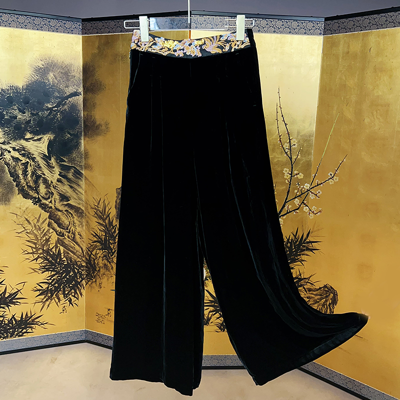 复古日记新中式100桑蚕丝底丝绒国风女装绣花显瘦裤子245K5375 - 图0