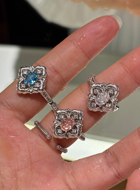 拉丝海蓝宝四叶草开口戒指女